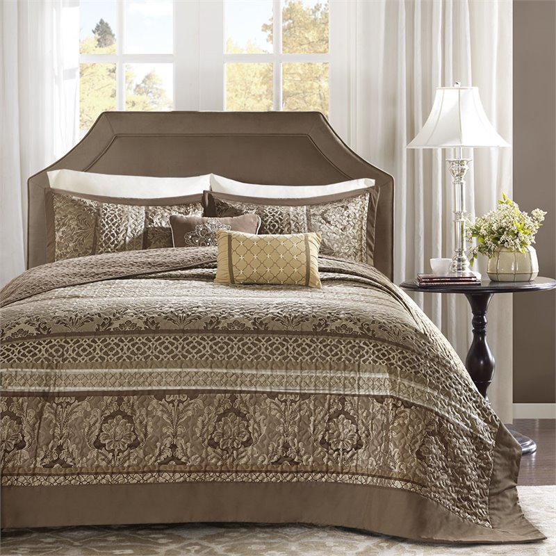 Pemberly Row 5-Piece Polyester Jacquard & Cotton Bedspread Set in Brown
