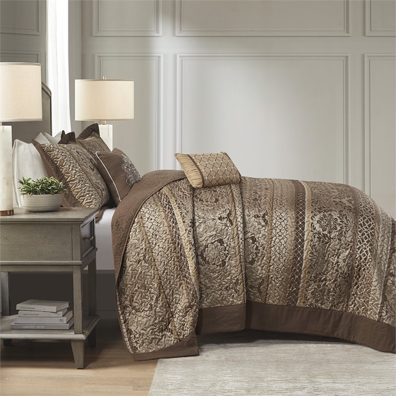 Pemberly Row 5-Piece Polyester Jacquard & Cotton Bedspread Set in Brown