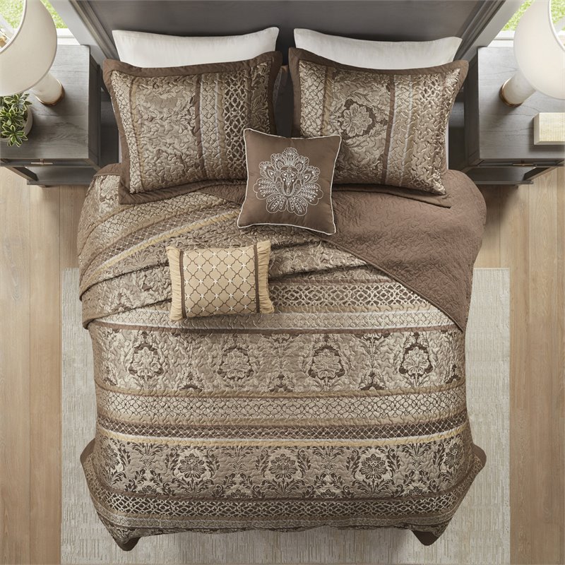 Pemberly Row 5-Piece Polyester Jacquard & Cotton Bedspread Set in Brown