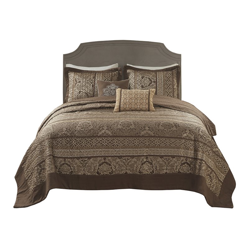 Pemberly Row 5-Piece Polyester Jacquard & Cotton Bedspread Set in Brown