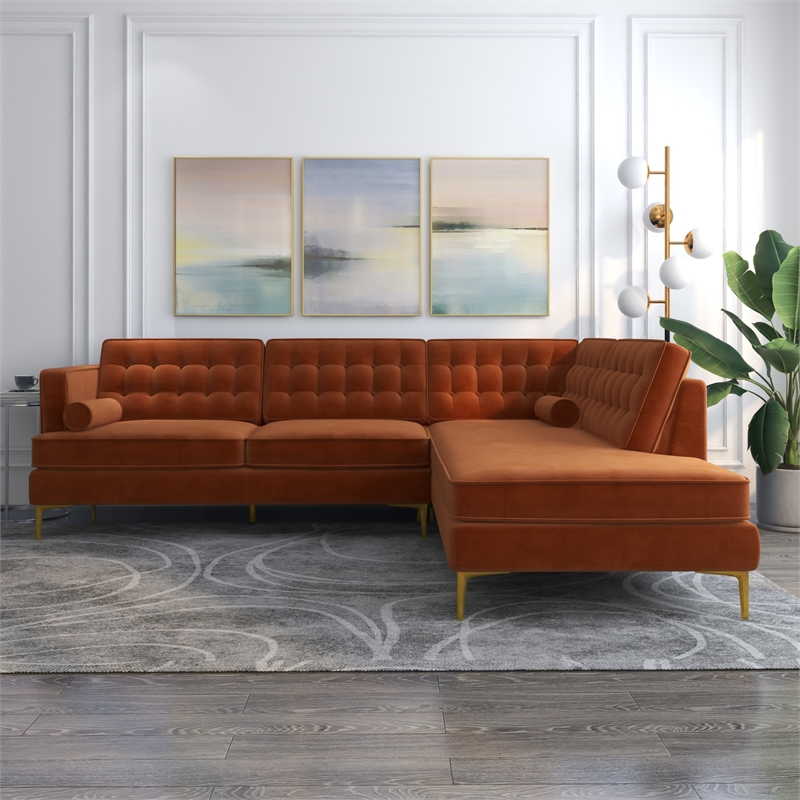 Pemberly Row Pillow Back Velvet Right-Facing Upholstered Sectional in Orange