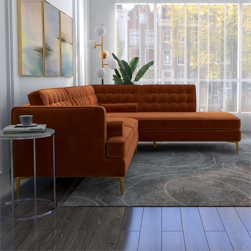 Pemberly Row Pillow Back Velvet Right-Facing Upholstered Sectional in Orange