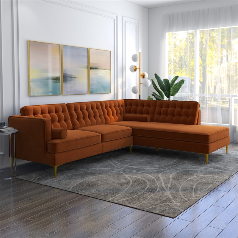 Pemberly Row Pillow Back Velvet Right-Facing Upholstered Sectional in Orange