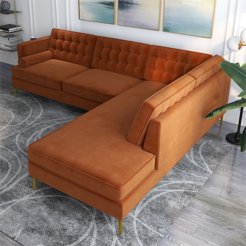 Pemberly Row Pillow Back Velvet Right-Facing Upholstered Sectional in Orange