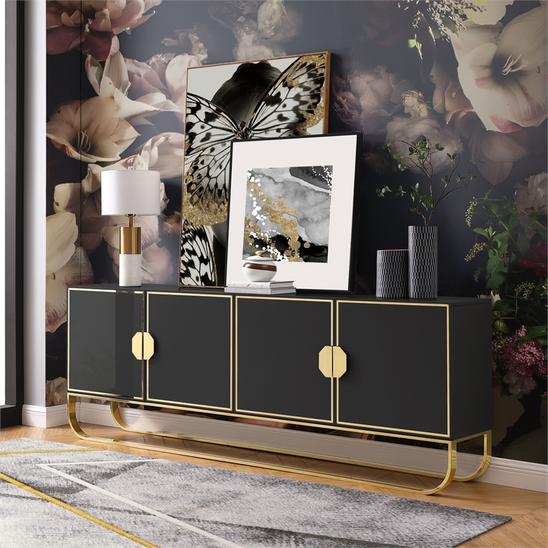 Pemberly Row Contemporary Wood Sideboard in Black / Gold Finish