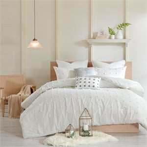 Pemberly Row Contemporary Cotton Jacquard Duvet Cover Set in Ivory