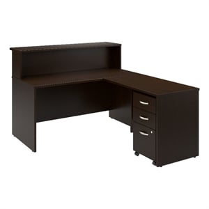 Pemberly Row 60W x 72D Wood L Reception Desk with Drawers in Mocha Cherry