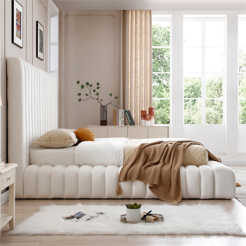 Pemberly Row Contemporary Velvet Upholstered Queen Platform Bed in Cream