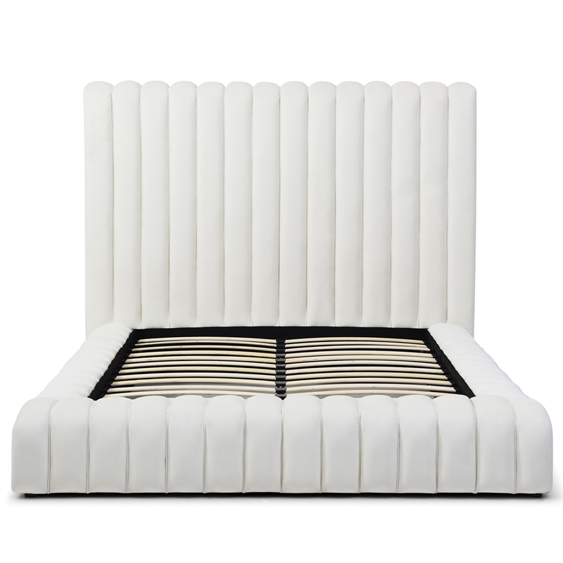 Pemberly Row Contemporary Velvet Upholstered Queen Platform Bed in Cream