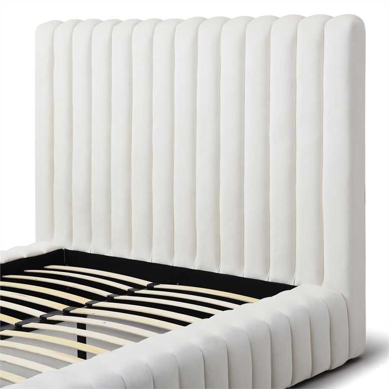 Pemberly Row Contemporary Velvet Upholstered Queen Platform Bed in Cream