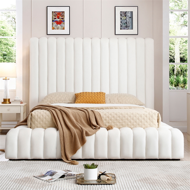 Pemberly Row Contemporary Velvet Upholstered Queen Platform Bed in Cream