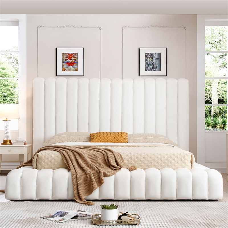Pemberly Row Contemporary Velvet Upholstered King Platform Bed in Cream
