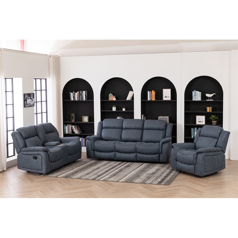 Pemberly Row 3Pc Fabric Reclining Living Room Set with Cup Holders Storage Grey