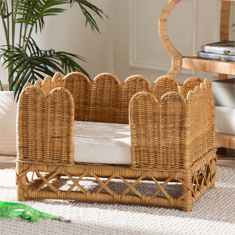 Pemberly Row Contemporary Bohemian Light Honey Rattan Pet Bed