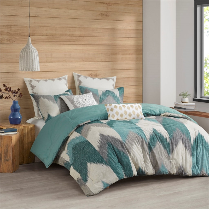 Pemberly Row Mid-Century Cotton Printed Comforter Mini Set in Aqua Blue