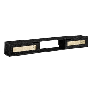 Pemberly Row 70&quot Floating Wood TV Stand with Rattan Doors - Black