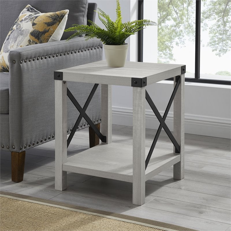 Pemberly Row Metal X-Shaped Frame Rustic Wood End Table in Stone Gray