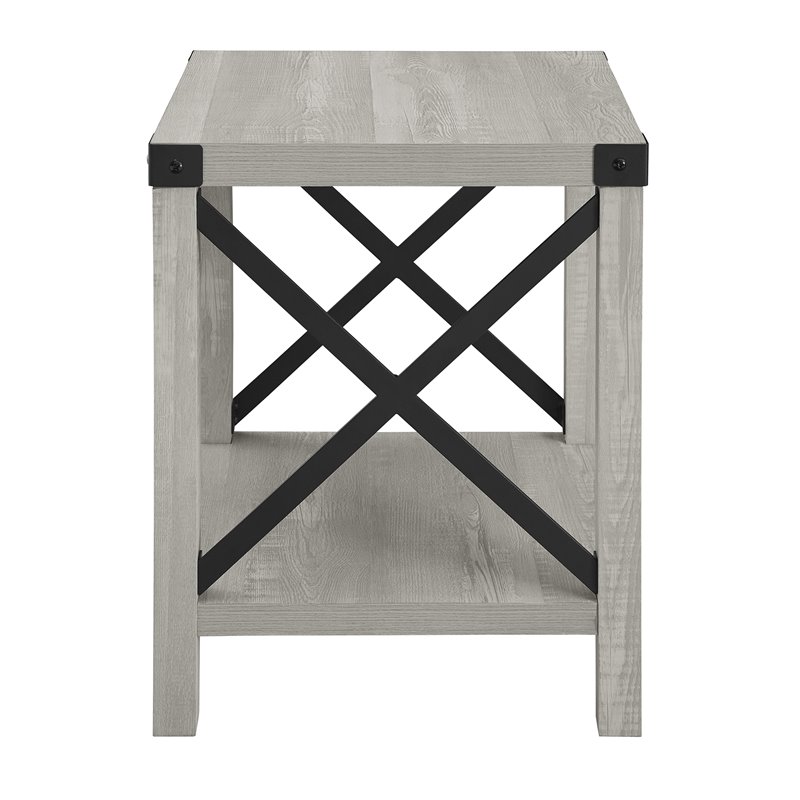 Pemberly Row Metal X-Shaped Frame Rustic Wood End Table in Stone Gray