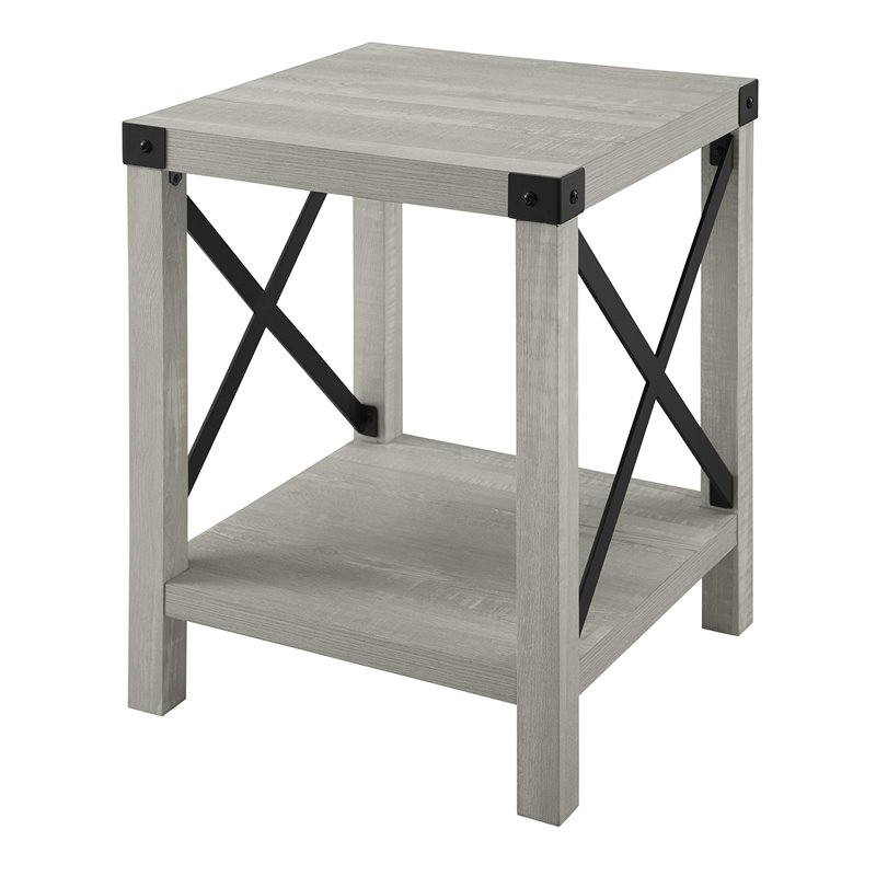 Pemberly Row Metal X-Shaped Frame Rustic Wood End Table in Stone Gray