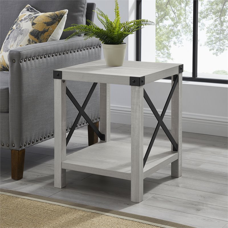 Pemberly Row Metal X-Shaped Frame Rustic Wood End Table in Stone Gray