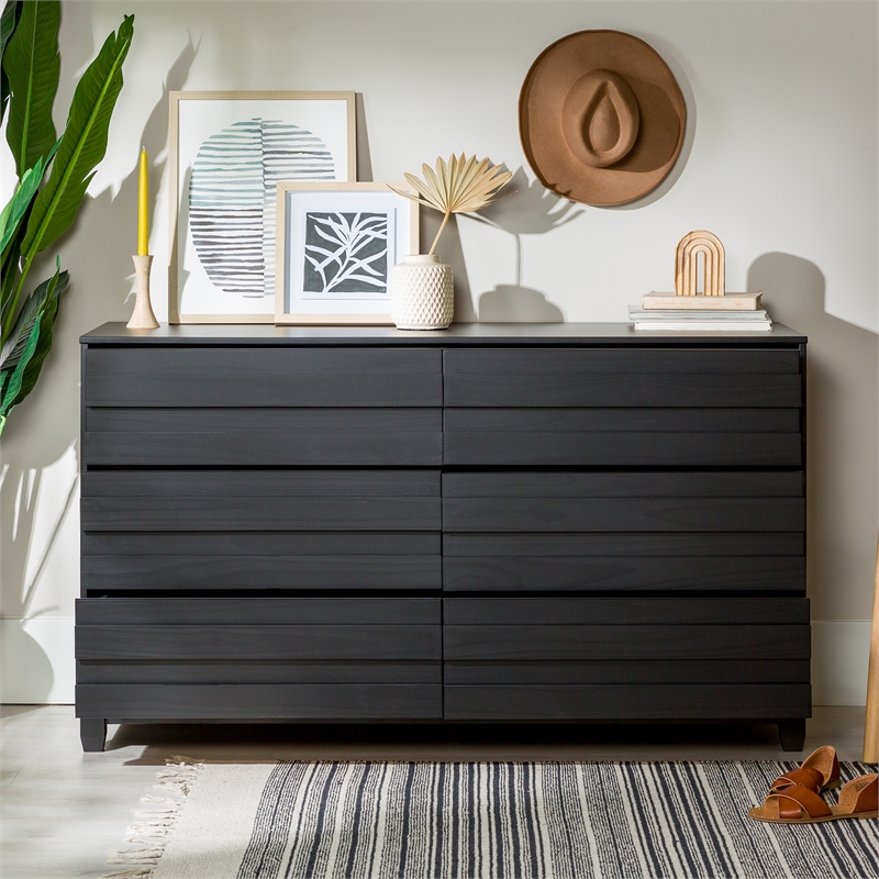 Pemberly Row Modern Channel Pull 6-Drawer Solid Wood Dresser 58 Inch Black