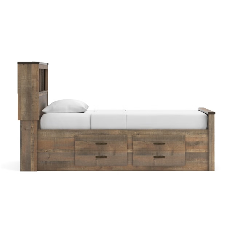 Pemberly Row Farmhouse Wood Twin Bookcase Bed with Underbed Storage in Brown