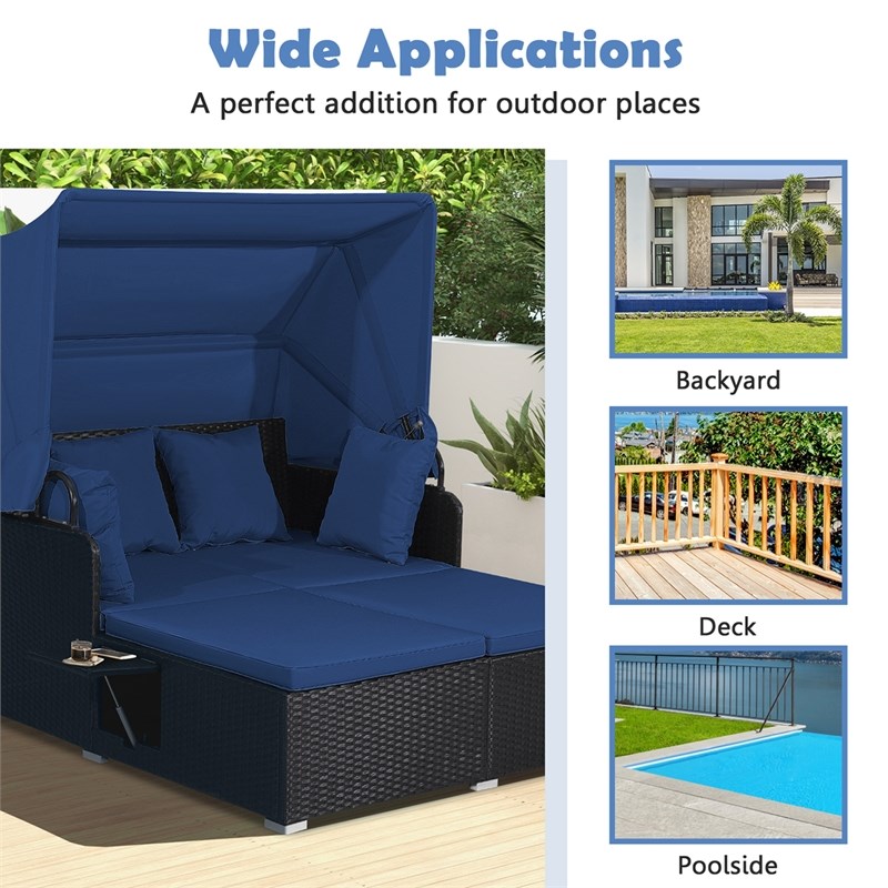 Pemberly Row Patio Rattan Daybed Lounge Retractable Top Canopy in Navy
