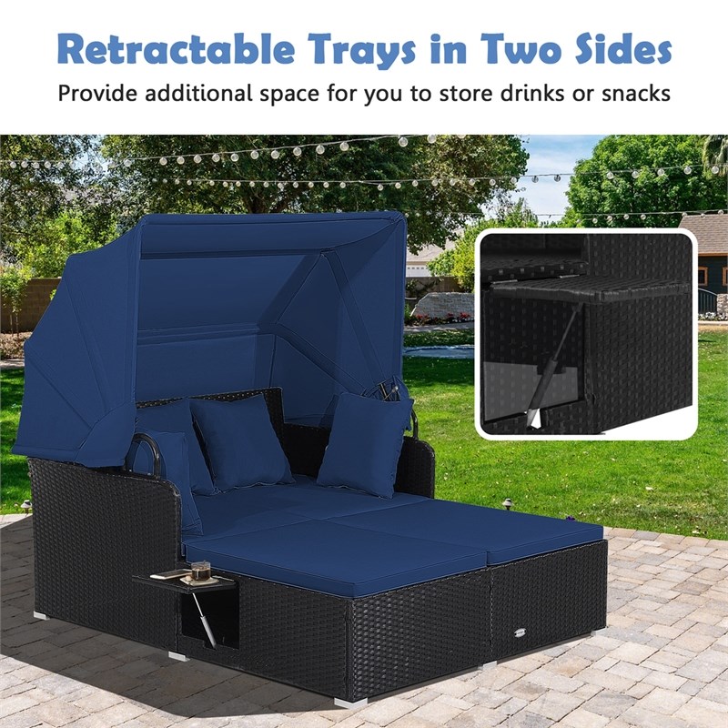 Pemberly Row Patio Rattan Daybed Lounge Retractable Top Canopy in Navy
