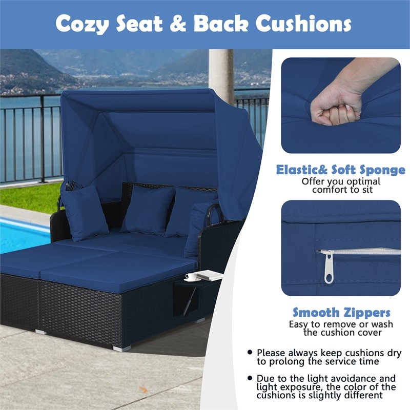 Pemberly Row Patio Rattan Daybed Lounge Retractable Top Canopy in Navy