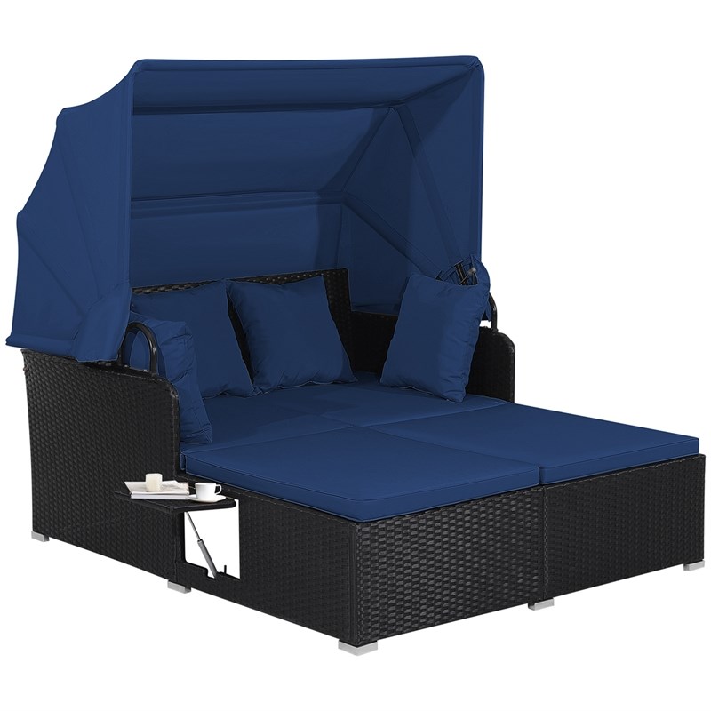 Pemberly Row Patio Rattan Daybed Lounge Retractable Top Canopy in Navy