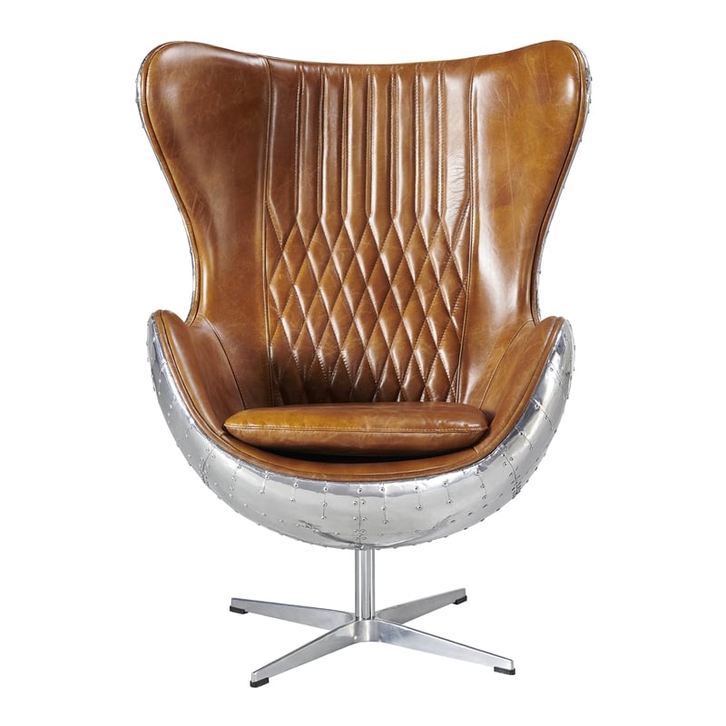Pemberly Row Leather & Metal Spitfire Shell Egg Chair in Brown