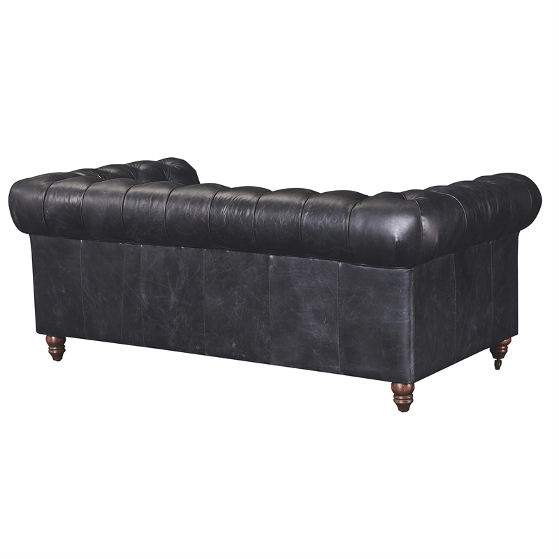 Pemberly Row Top Grain Leather Chesterfield Leather Loveseat in Black Finish
