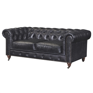 Pemberly Row Top Grain Leather Chesterfield Leather Loveseat in Black Finish