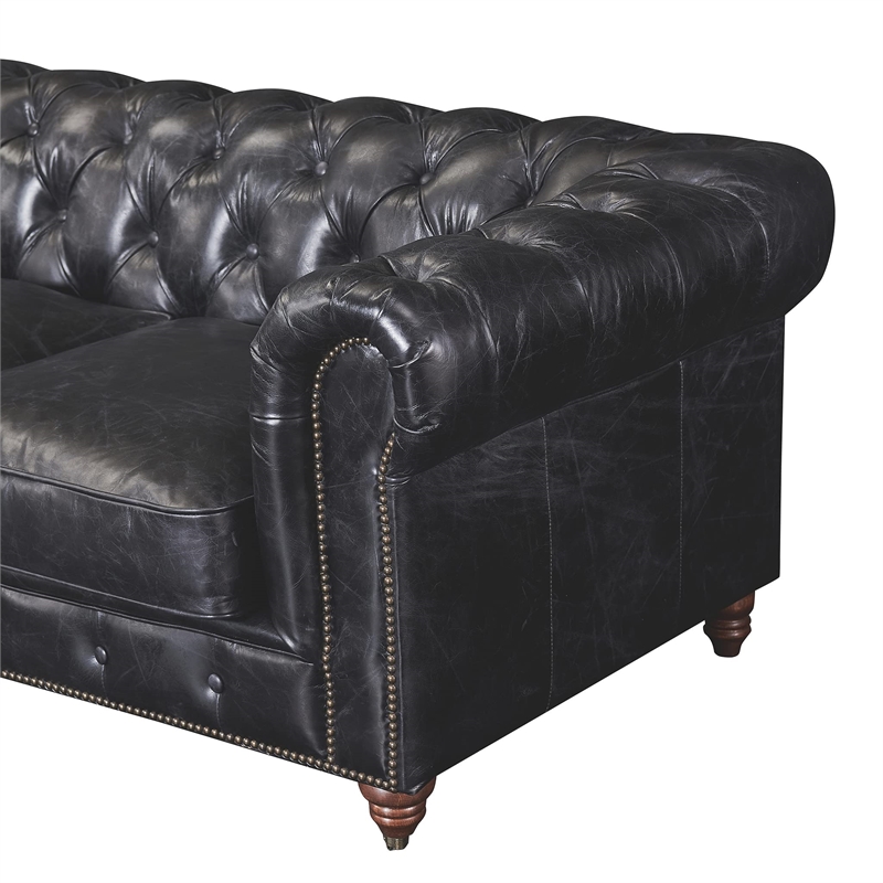 Pemberly Row Top Grain Leather Chesterfield Leather Loveseat in Black Finish