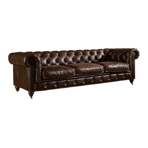 Pemberly Row Top Grain Leather Chesterfield 95&quot Leather Sofa in Brown Finish