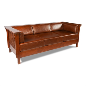 Pemberly Row Mission Cubic Slat Side Sofa in Chestnut Brown Leather