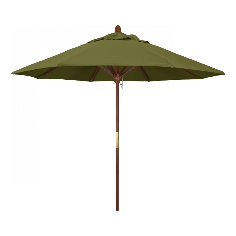 Pemberly Row 9' Push Lift Wood Pole Patio Umbrella in Pacifica Palm Fabric