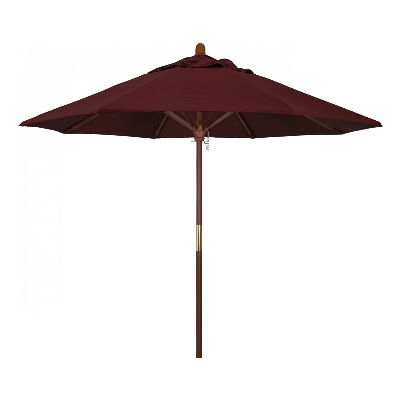 Pemberly Row 9' Push Lift Wood Pole Patio Umbrella in Pacifica Burgundy Fabric