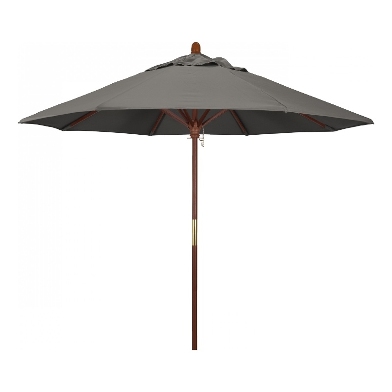 Pemberly Row 9' Push Lift Wood Pole Patio Umbrella in Pacifica Taupe Fabric