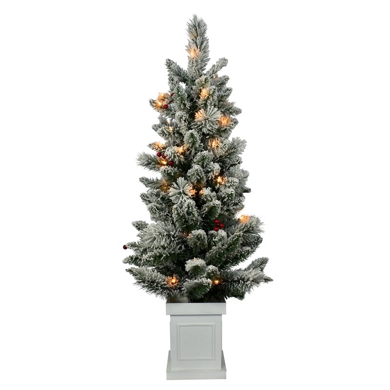 Pemberly Row 4 ft. Pre-lit Flocked Pre-decorated Green Tree with Vase