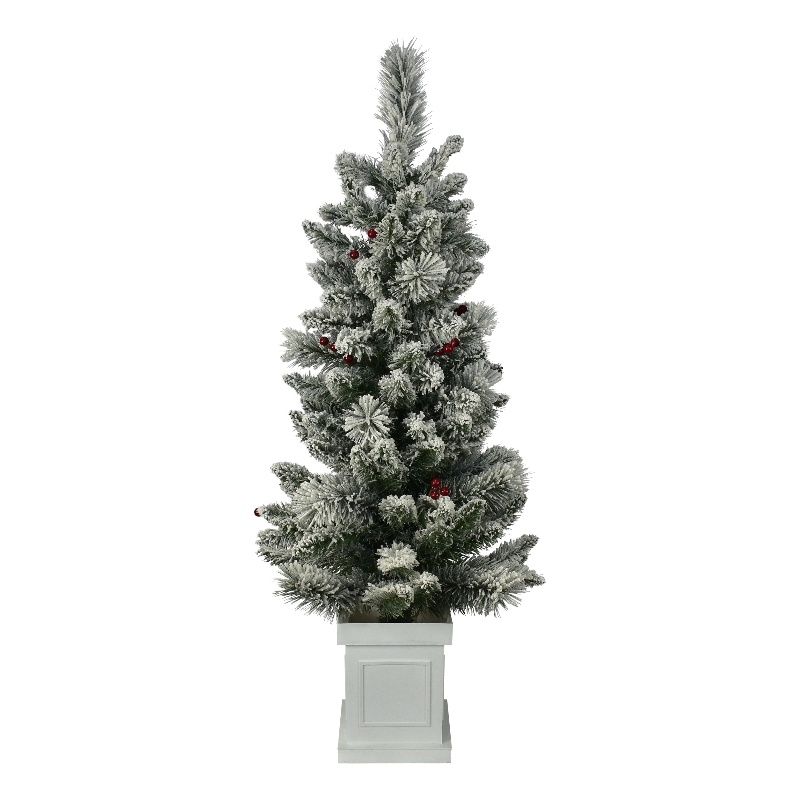 Pemberly Row 4 ft. Pre-lit Flocked Pre-decorated Green Tree with Vase