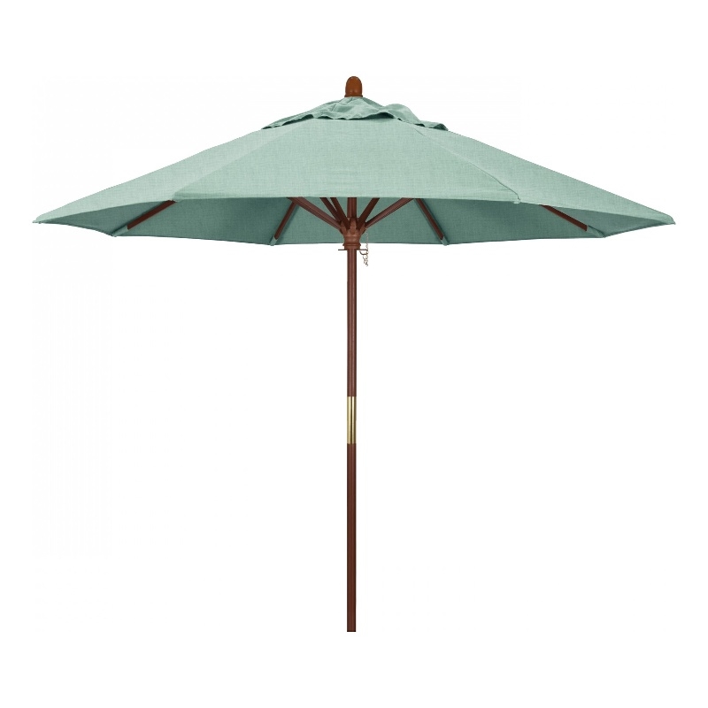 Pemberly Row 9' Push Lift Wood Pole Patio Umbrella in Performance Fabric Mist