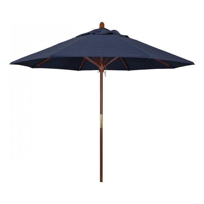 fabric for 9 patio umbrellas Pemberly Row 9' Push Lift Wood Pole Patio Umbrella in Performance Fabric Indigo