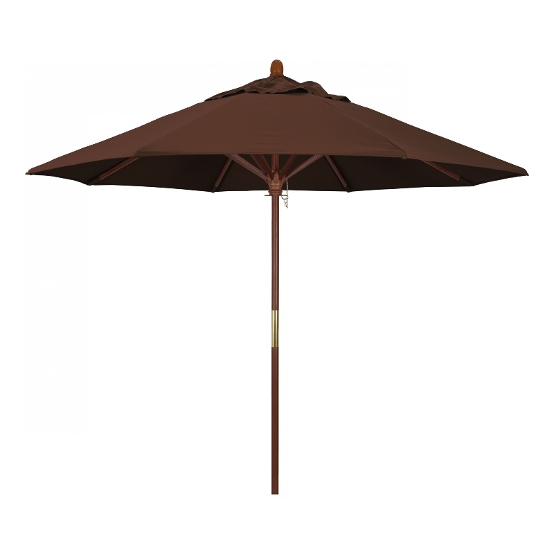 Pemberly Row 9' Push Lift Wood Pole Patio Umbrella in Performance Fabric Brown