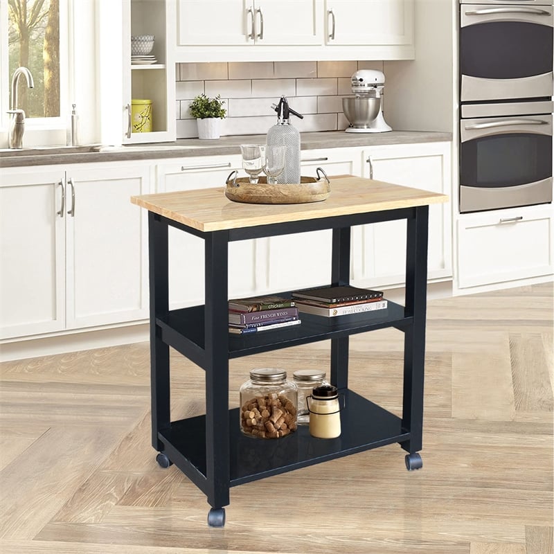 Pemberly Row Contemporary Microwave Cart in Black / Natural Finish