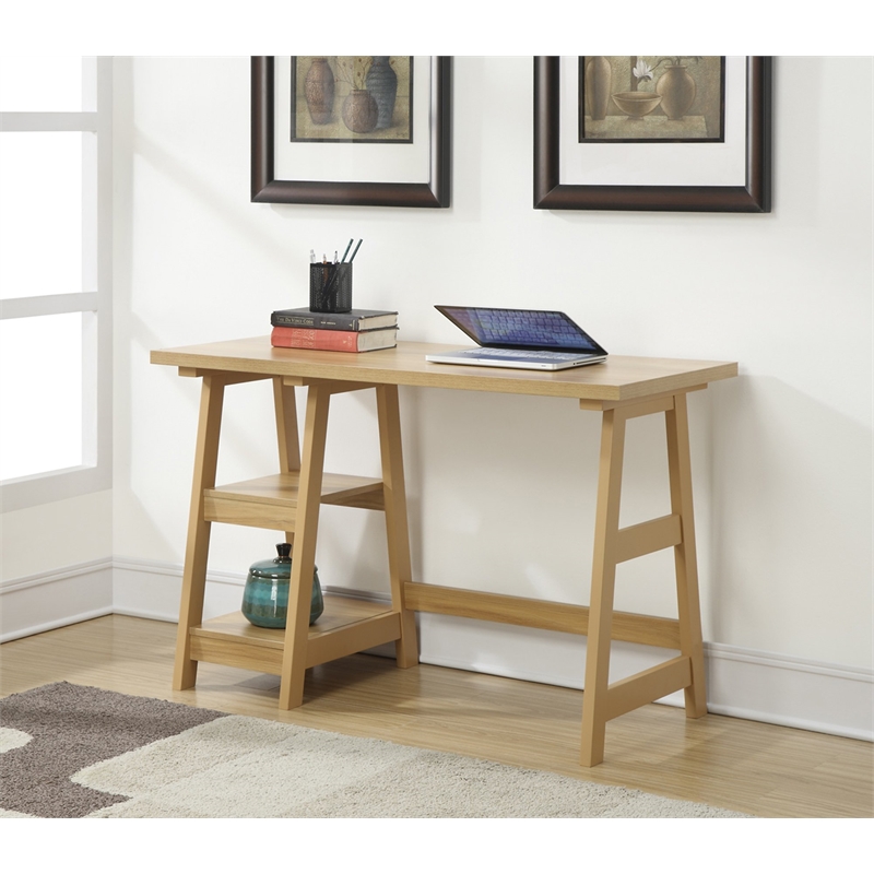 Pemberly Row Trestle Desk in Off White Light Oak Wood Finish