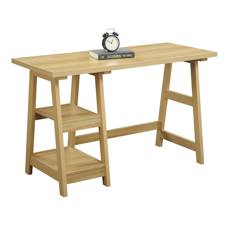 Pemberly Row Trestle Desk in Off White Light Oak Wood Finish
