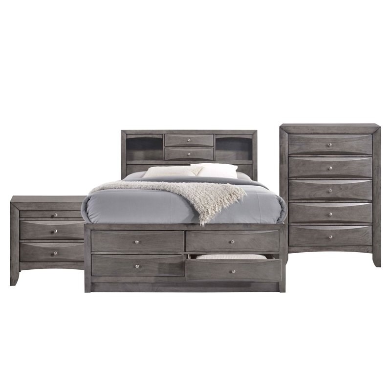 Pemberly Row Contemporary King 3 Piece Bedroom Set in Gray Finish