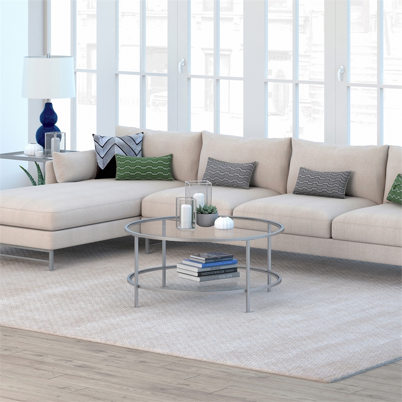 Pemberly Row Two Shelf Round Metal Nickel Coffee Table with Glass Top
