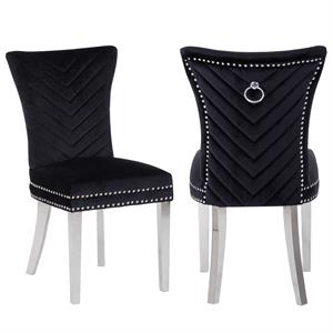 Pemberly Row 2Pc Stainless Steel Legs Chair Finish with Velvet Fabric in Black